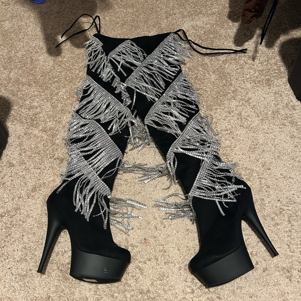 Pleaser Black and Silver Heeled Boots with Fringe